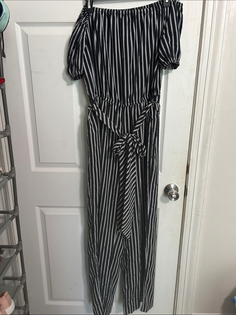 Madison Black & White Vertical-Stripe Off-Shoulder Jumpsuit